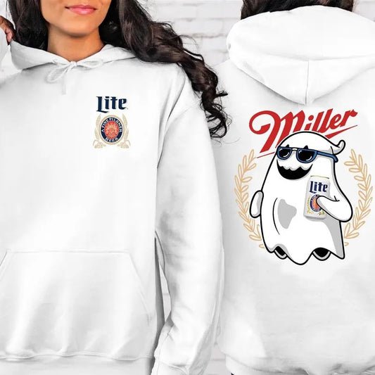 Halloween Ghost Miller Lite Beer 2 sides Hoodie, Ghost holding a beer Hoodie, Cute Boo Halloween Beer Gift for men and women Cotton Shirt
