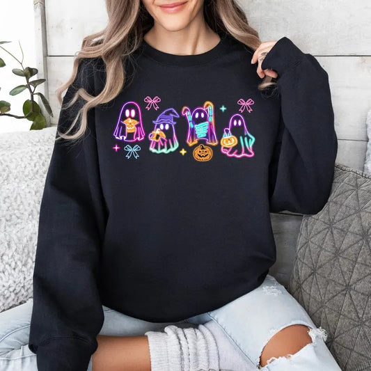 Halloween Ghost Neon Sweatshirt, Coquette Bow Girls Shirt, Neon Spooky Ghosts Sweater, Spooky Season Women T-Shirt