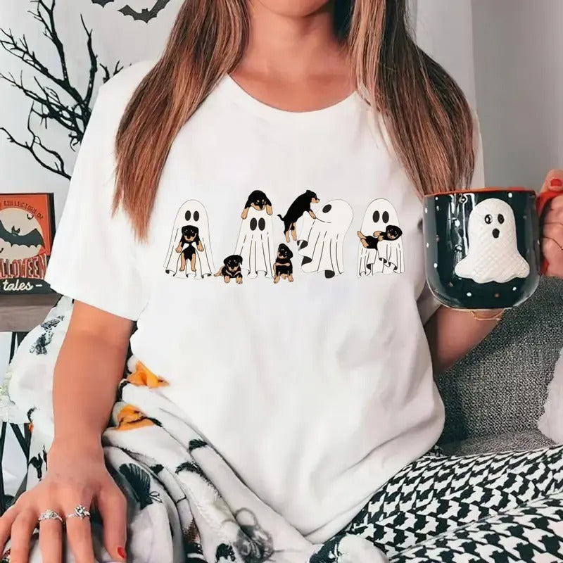 Halloween Ghost Shirt, Ghost Rottweiler Shirt, Dog Lover Gift, Womens Halloween Shirt, Dog Halloween Shirt, Spooky Season Tee, Unisex Short Sleeve Tee Shirt, Casual Clothing Top Womenswear