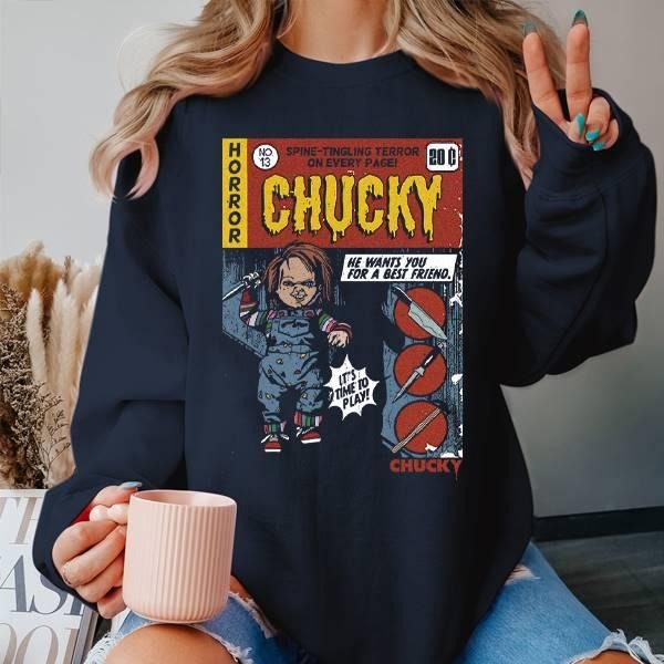 Halloween Gift Chucky T-Shirt, Child Plays Tee, Comic Cover Horror Shirt Hoodie, Sweatshirt | DripVista.com