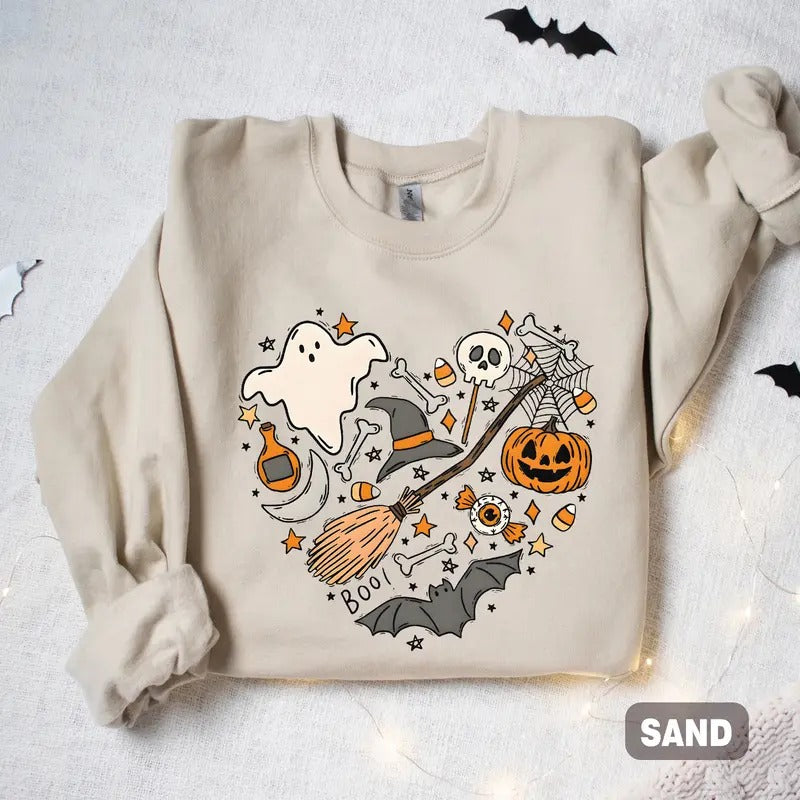 Halloween Heart Sweatshirt, Halloween Boo Shirt, Ghost Sweatshirt, Halloween Costume, For Men, For Women, Casual, Classic...