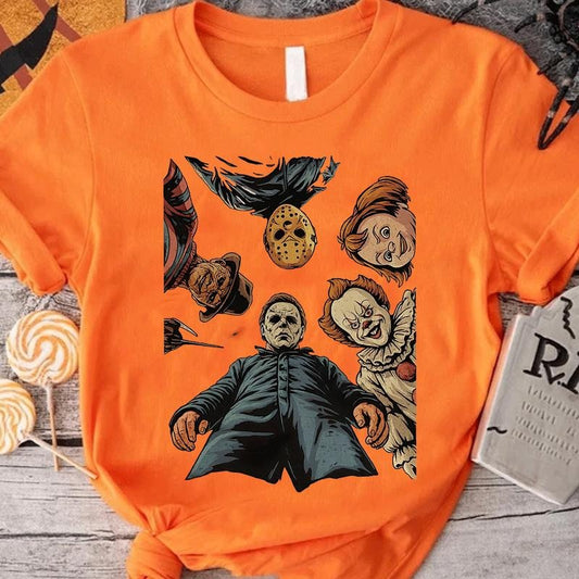 Halloween Horror Movie Characters T-Shirt - Spooky  Halloween Gift, Unisex Black Tee for Halloween Celebrations,