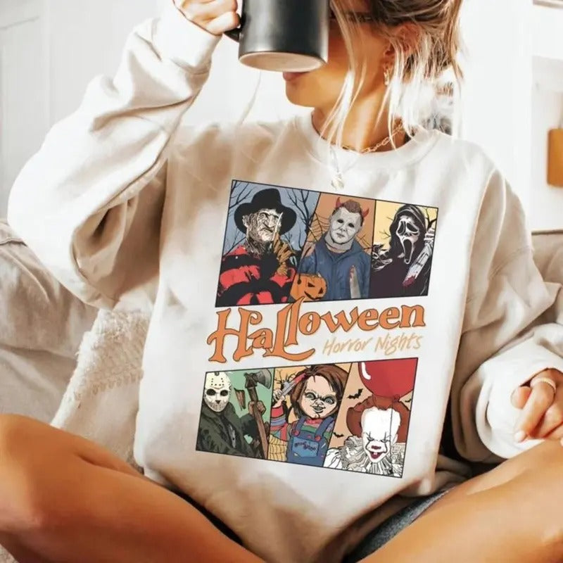 Halloween Horror Nights Sweatshirt, Vintage Halloween Movie Crewneck, Horror T-shirt, Halloween Horror Movie Sweatshirts...