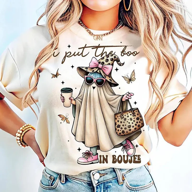 Halloween I Put The Boo In Boujee Ghost Shirt Spooky Season Pumpkin Shirt, Cute Ghost, Drinking Coffee Shirt Hoodie,...