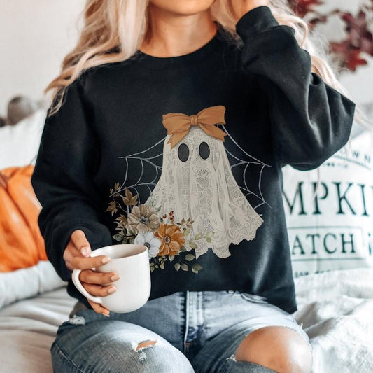 Halloween Lace Ghost Sweatshirt Ghost Bow Crewneck Coquette Halloween Sweater Spooky Fall Floral Long Sleeved Sweatshirt Cute Ghost Lovers  T-shirt, sweater and Hoodie