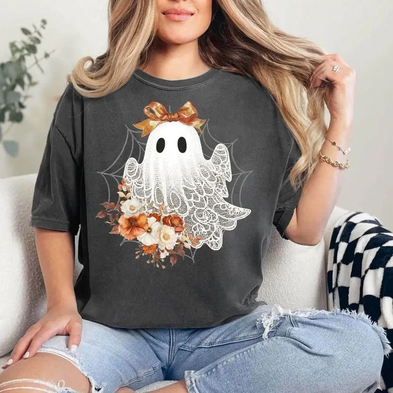 Halloween Lace Ghost Sweatshirt, Cut Floral Ghost Sweater, Spooky Fall Floral Shirts, Coquette Bow Girl Halloween...