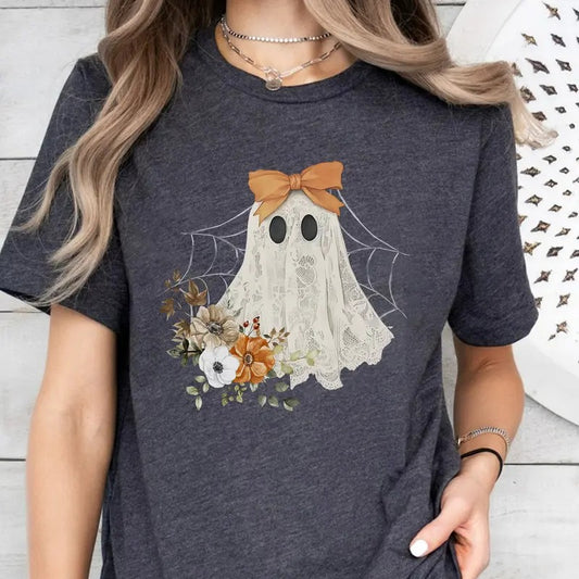 Halloween Lace Ghost T-Shirt, Spooky Coquette T-Shirt, Girly Ghost Lacey Ghost T-Shirt, Spooky Season T-Shirt, Ghost Floral Halloween Mama, Sublimation