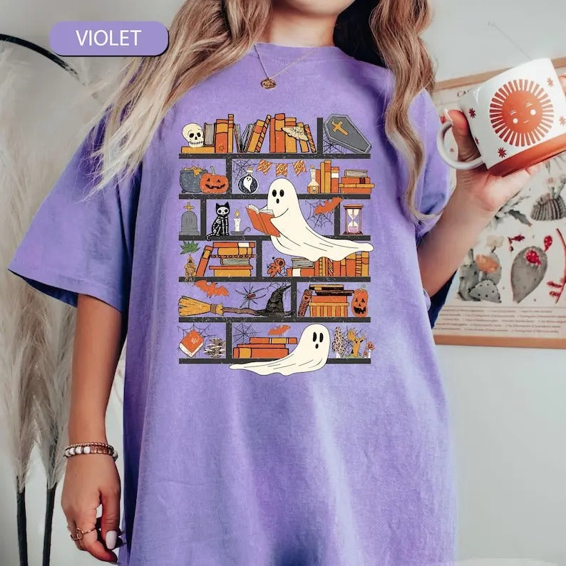 Halloween Library Shirt, Ghost Reading Books Shirts, Teacher Librarian Halloween Gift, Spooky Season Trendy Shirt, Halloween Book Lover Gift
