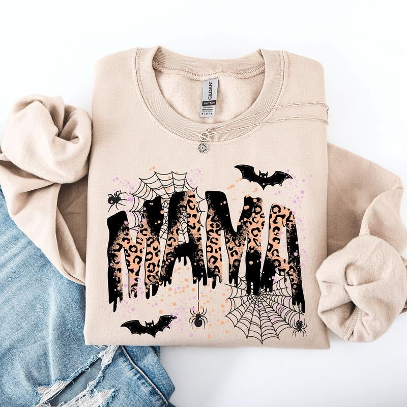 Halloween Mama, Mom, Mama Leopard Halloween, Spooky Season Boo, Halloween Sweatshirt, Spooky, Witch, Pumpkin, Halloween, Crew Neck, Women's, Crewneck