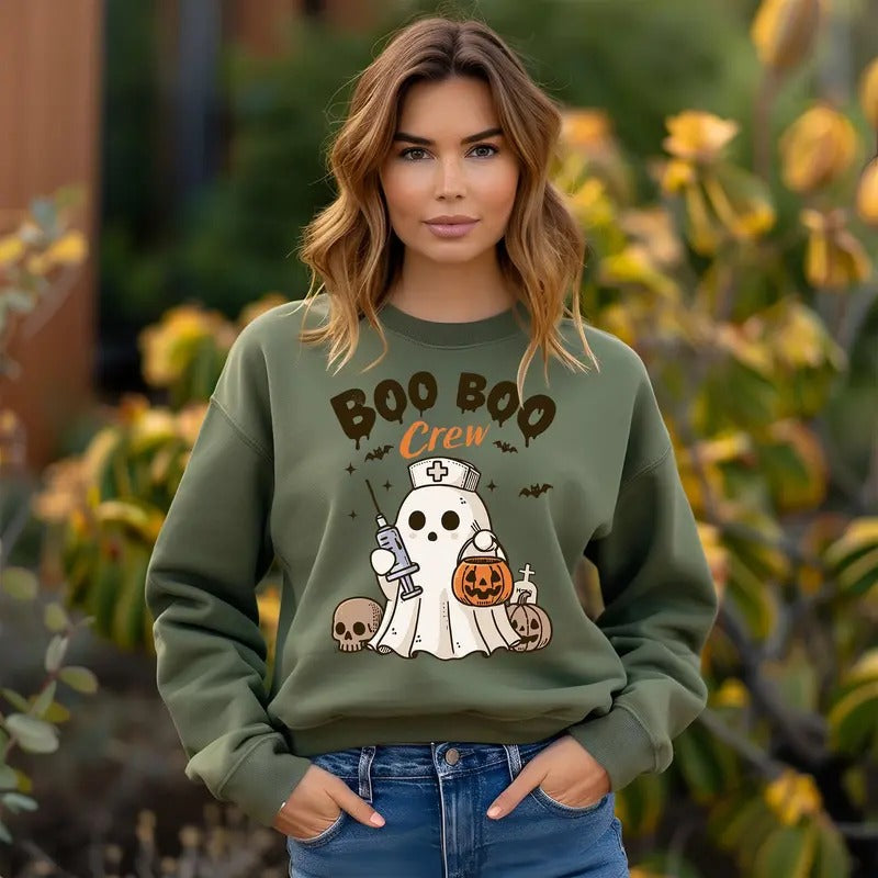 Halloween Nurse Cute Ghost Boo Crew Pumpkin Fall Spooky Season Unisex Sweatshirt Cotton Printed