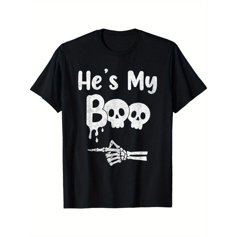 Halloween Pajama Couples, He's My Boo Skull Face T-Shirt Men's Breathable Cool Print Short Sleeve T-Shirt, Casual...