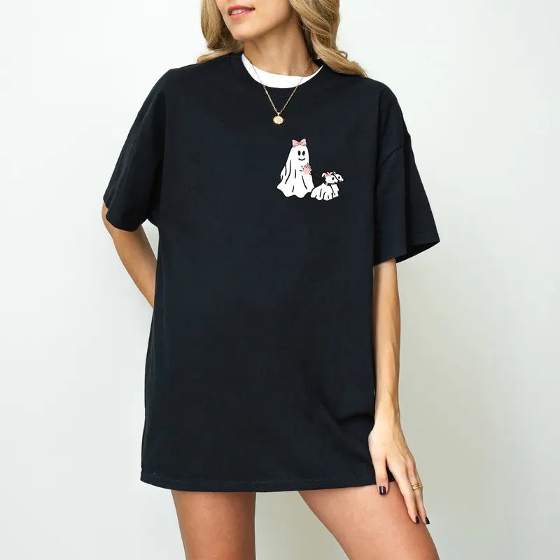 Halloween Pink Ghost T-shirt, Ghost Walking Dog Sweatshirt, Womens Halloween Sweater, Viral Ghost Walking Dog Shirt