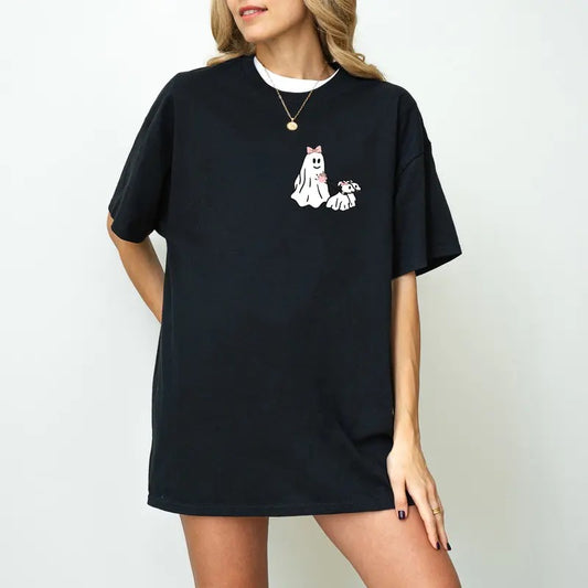 Halloween Pink Ghost T-shirt, Ghost Walking Dog Sweatshirt, Womens Halloween Sweater, Viral Ghost Walking Dog Shirt