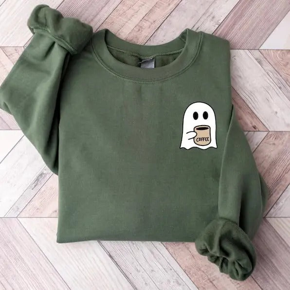 Halloween Pocket Size Ghost Sweatshirt, Little Ghost Coffee Tee, Ghost Pocket Tee, Spooky Season, Halloween Shirt, Cute...