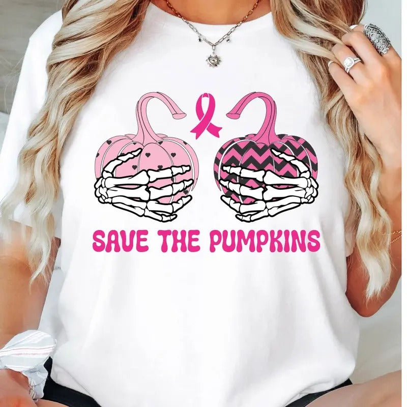 Halloween Pumpkin T-Shirt, Funny Halloween Breast Cancer Awareness Shirt, Pink Pumpkin Skeleton Hands Tee, Pink Ribbon Tee, Cancer Warrior Gift Shirt.