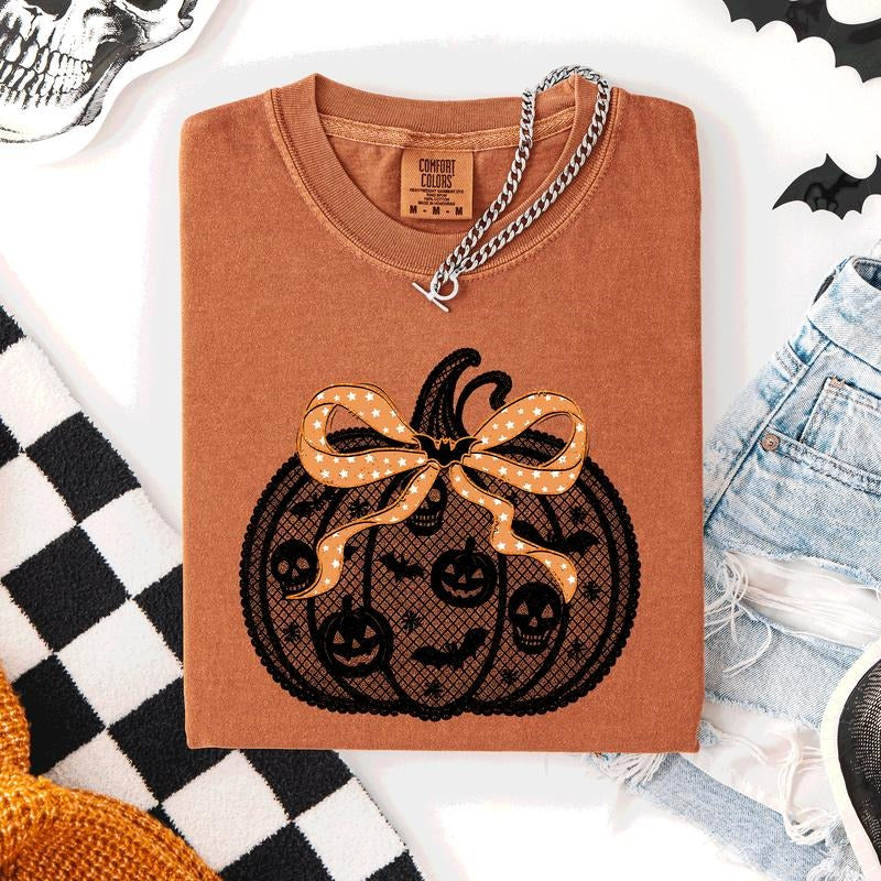 Halloween Pumpkin, Faux Lace, Coquette, Ribbon, Bows, Comfort Colors T-Shirt, Witch, Spooky, Autumn, Fall, Women's Comfort Colors Tee