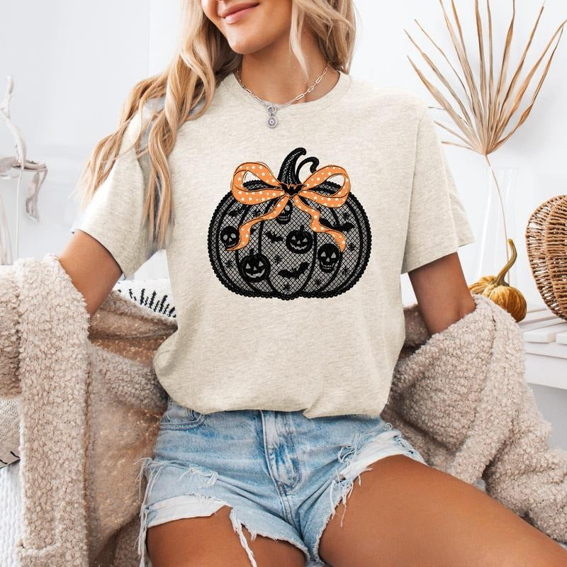 Halloween Pumpkin, Faux Lace, Coquette, Ribbon, Bows, Tshirt, Cotton Tshirt, Witch, Spooky, Ghost, Women's Graphic Tee
