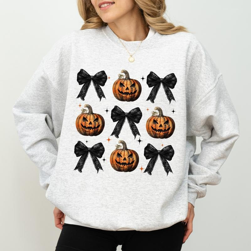 Halloween Pumpkins with Coquette Bow Gothic Sweatshirt, Spooky Sweatshirt For Girls, Halloween Witchy Sweater, Gothic Girly Halloween Crewneck, Comfy Long Sleeve Pullover, Cute Womens Tops, Fall Winter Casual Womenswear, Comfort Cotton Fabric Relaxed Top