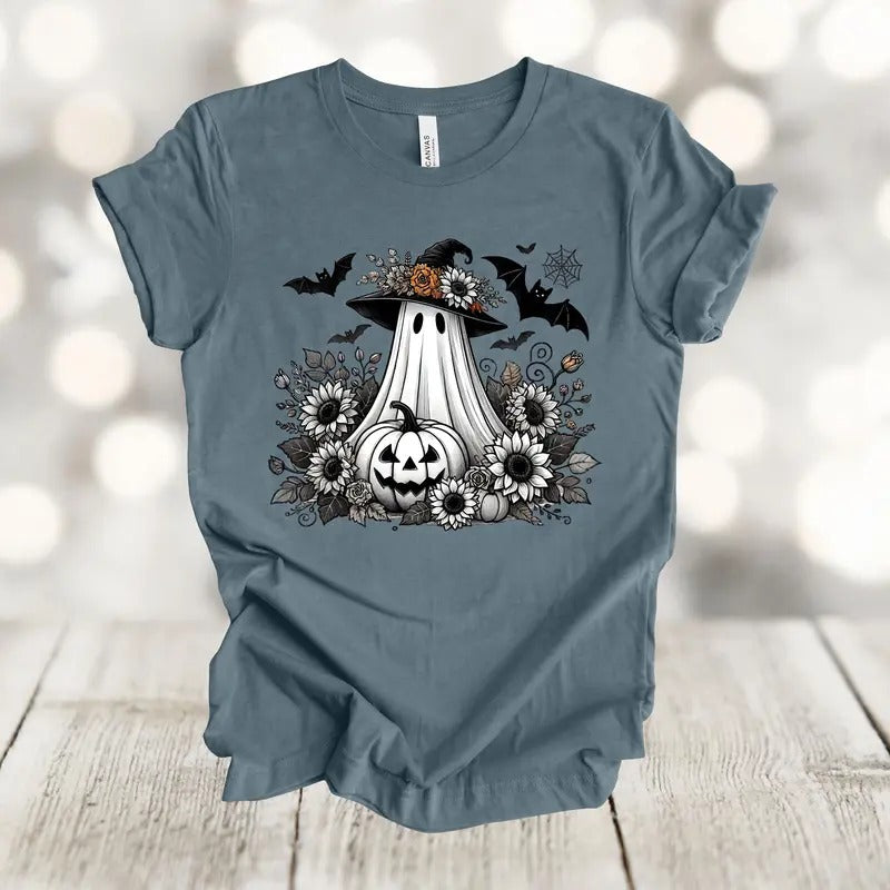 Halloween Shirt, Ghost With Flowers Pumpkin And Bats, Floral Spooky, Premium Unisex Shirt