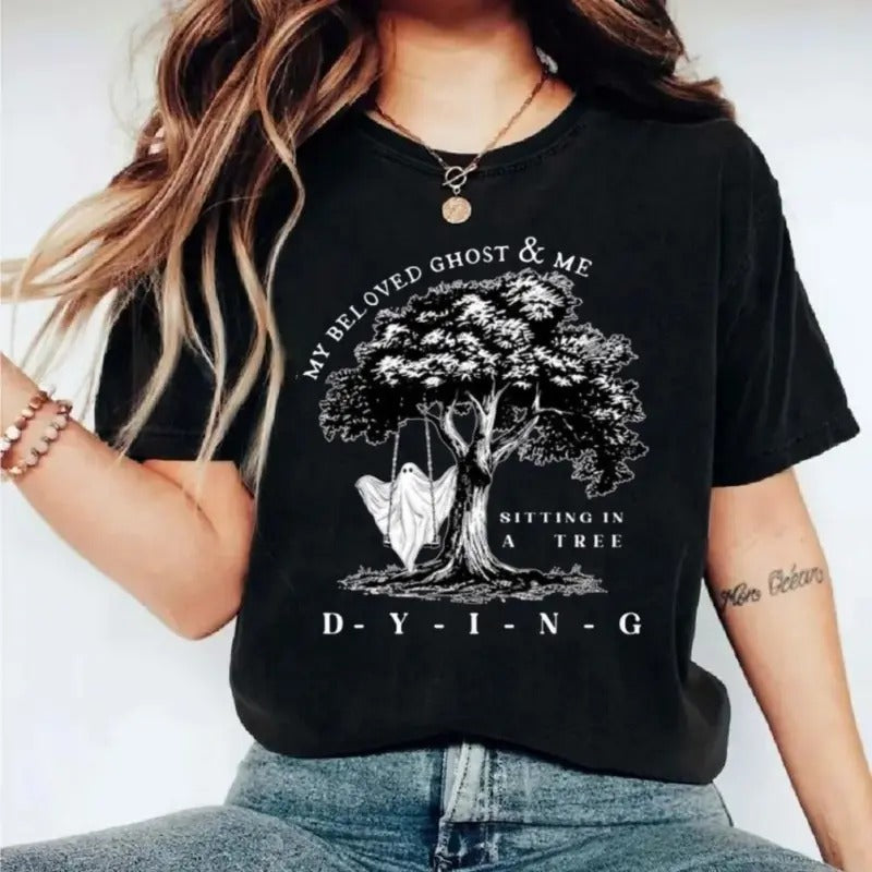 Halloween Shirt, Halloween Beloved Ghost & Me Sitting In A Tree, Pumpkin Halloween, Spooky, Fall Season, Ghost T Shirt, Unisex Short Sleeve Tee Cotton