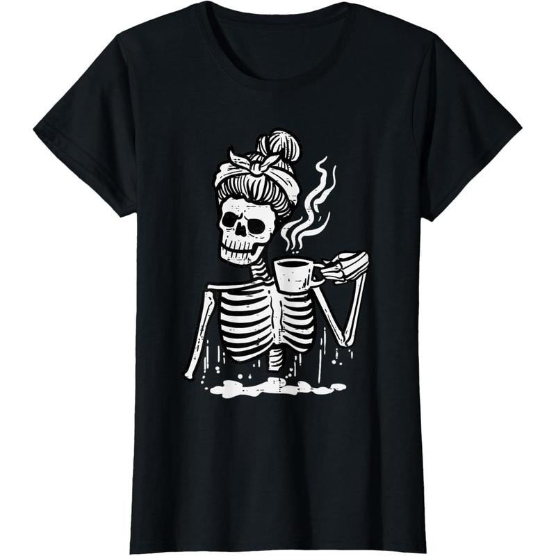Halloween Skeleton Messy Bun Coffee Funny Costume Mom Women T-Shirt made in usa Hoodie, Sweatshirt | DripVista.com