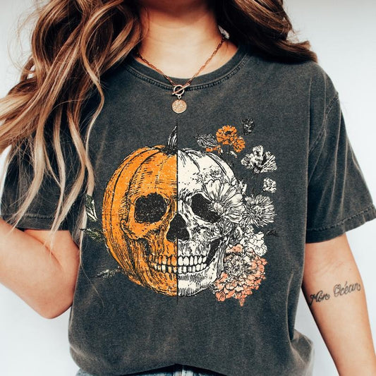 Halloween Skellie Jack O Lantern Shirt - Unisex Casual 100% Ring-Spun Cotton T-Shirt for Women, Relaxed Fit, Garment-Dyed, Twill-Taped Neck