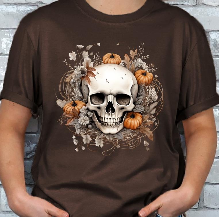 Halloween Skull and Pumpkins Autumn Fall T-shirt Casual Shortsleeve Hoodie, Sweatshirt | DripVista.com