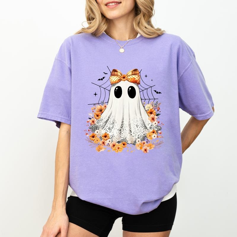 Halloween Spooky Ghost Shirt Comfort Colors, Retro Coquette Halloween Graphic Tee  Floral Cutesy Ghost Unisex Tee, Trendy Halloween T-shirt, Spooky Season Shirt, Spooky Vibes Tee, Halloween Gifts, Women's Top, Cotton Comfy Fabric Relaxed Fit Style