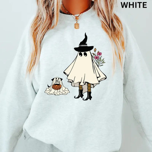 Halloween Sweatshirt, Womens Halloween Dog Sweatshirt, Pupkin & Witch Crewneck, Dog Sweatshirt, Oversized Halloween Graphic Crewneck, Cotton Pullover Spooky Season Sweater