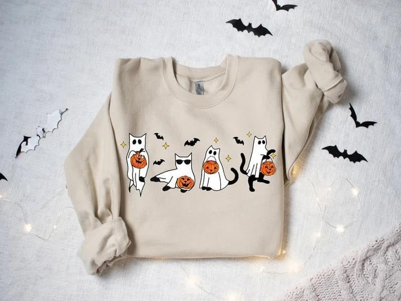 Halloween Sweatshirt,Cat Sweatshirt,Ghost Shirt,Black Cat Shirt,2024 Spooky Seas,Cool Halloween Cat Shirt,Cat Lover...