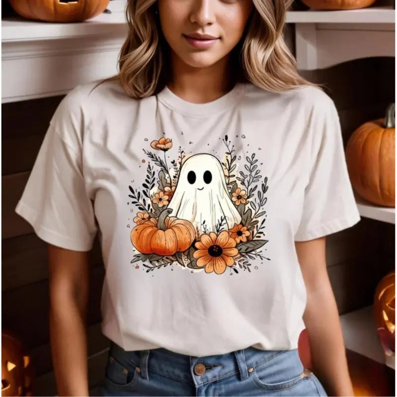 Halloween T-Shirt DRG, Cute Ghost T-Shirt DRG, Halloween Pumpkin T-Shirt DRG, Flower Ghost Tee, Halloween Party Tee