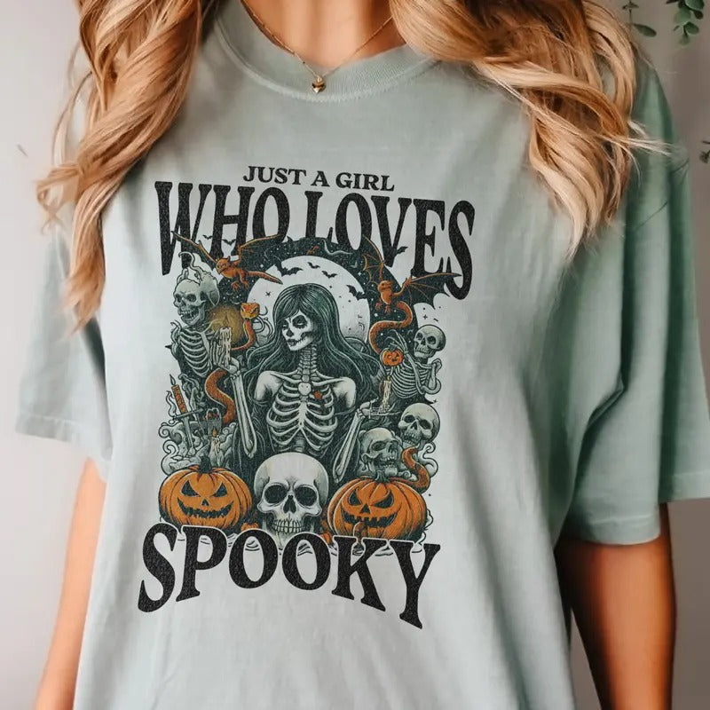 Halloween Tee Spooky Halloween Tshirt Skeleton Halloween T-Shirt Just a Girl Who Loves Spooky Tee Skull Halloween Top...