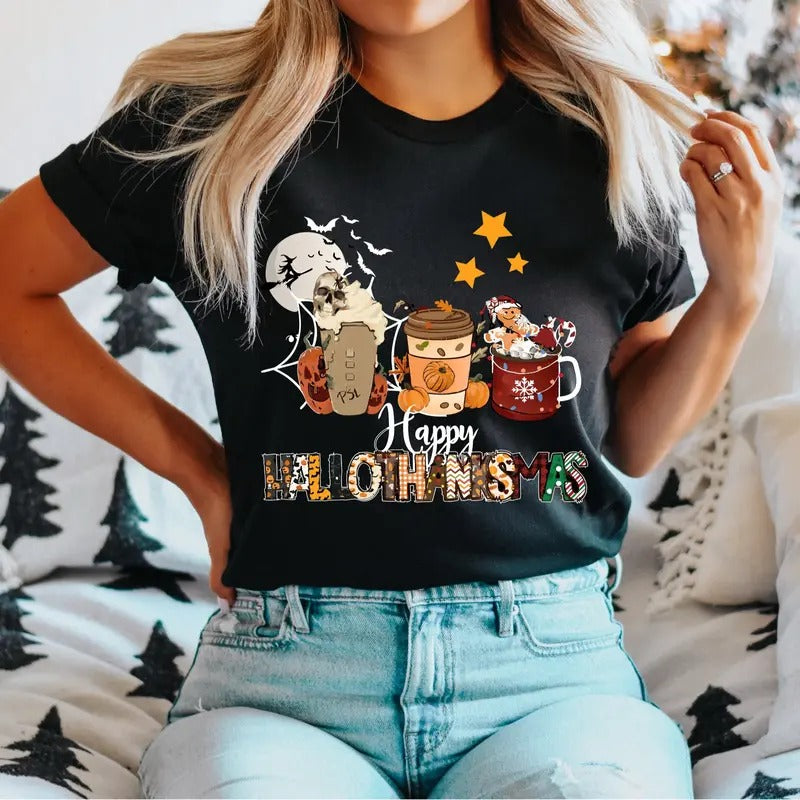 Halloween Thanksgiving Christmas T-Shirt, Funny Halloween Shirt, Halloween Gifts Tee, Women's Christmas Tee, Christmas Holidays Short Sleeve.