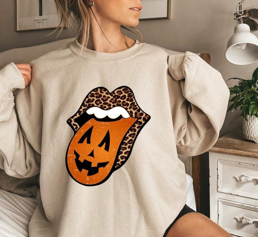 Halloween Tongue Mouth Sweatshirt, Leopard Lips Halloween Shirt, Pumpkin Lips Tongue Shirt, Fall Shirt, Halloween Party Costume, Lips Tongue Shirt, Women Halloween Shirt