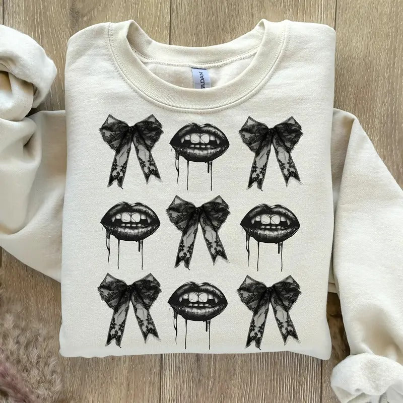 Halloween Vampire Sweatshirt, Coquette Bow Halloween Sweatshirt, Halloween Shirt, Spooky Season Shirt Hoodie | DripVista.com
