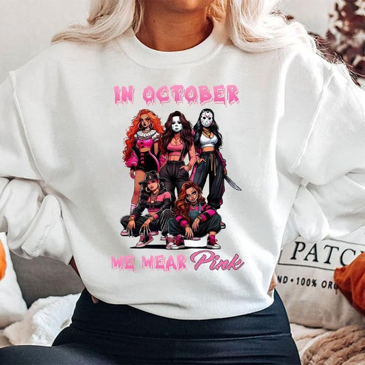 Halloween We Wear Pink Shirt, Halloween Horror Characters Shirt, Halloween Horror Girls Shirt, In October Shirt, Halloween Girls Horror Shirt