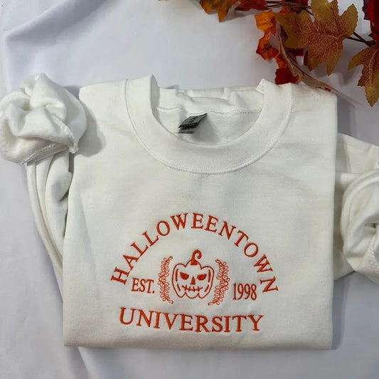 Halloween town university embroidered sweatshirt: Halloween embroidered crewneck; Spooky season casual sweaters Casual Plain