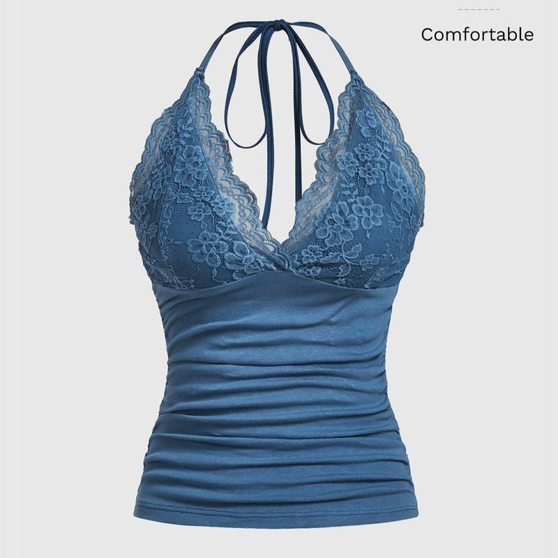 Halter Top Y2K Lace V Neck Ruched Low Cut Halter Tank TopsCamisole Tops Womenswear Solid Summer Tops T-Shirts, Hoodie,...