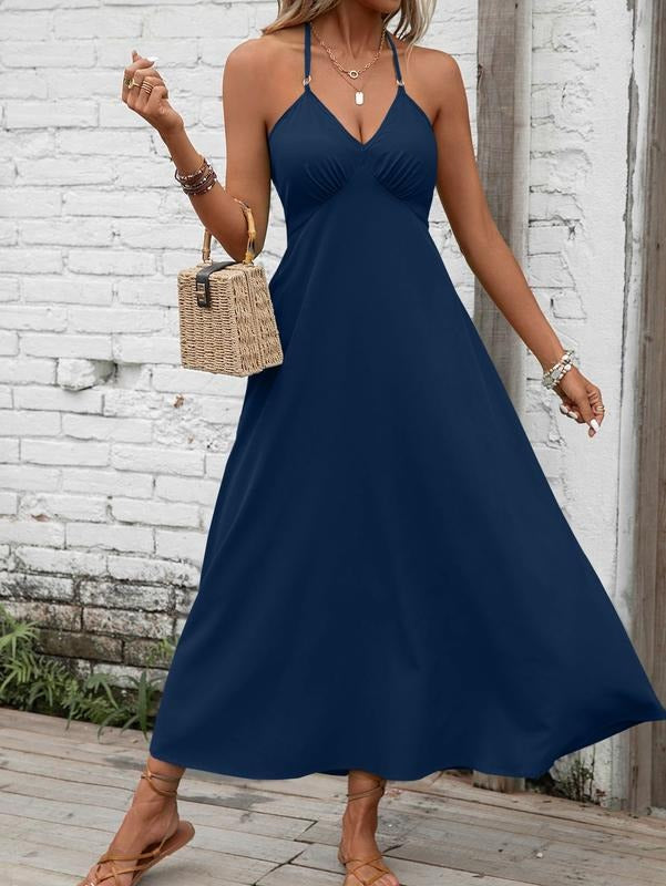 Halter V Neck Tie Backless Cami Dress Sleeveless Long Dresses T-Shirts, Hoodie, Sweatshirt | DripVista.com