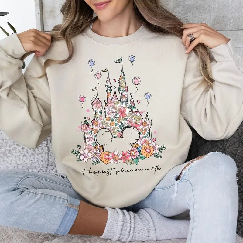 Happiest Place on Earth Sweatshirt Tshirt, Magic Kingdom Shirt, Castle Floral Shirt, Magical World Shirt, Magical Kingdom, World Shirt