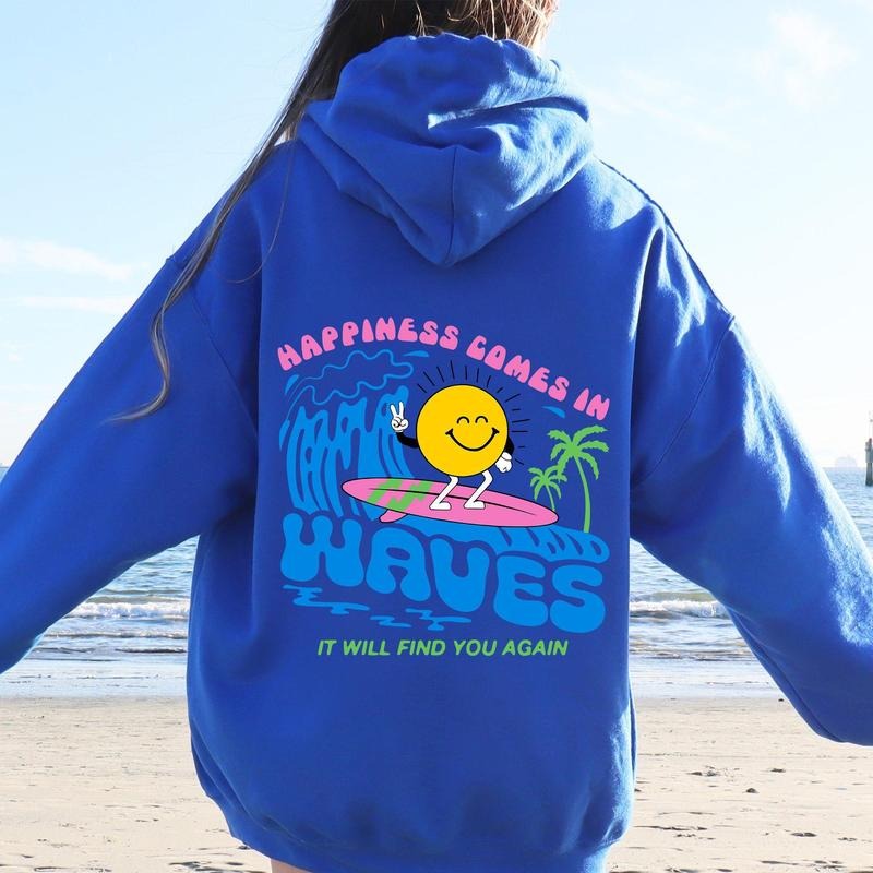 Happiness Comes In Waves, Retro, Beach, Fun, Sun Hoodie, Women's Crew Neck, Crewneck T-Shirts, Sweatshirt | DripVista.com