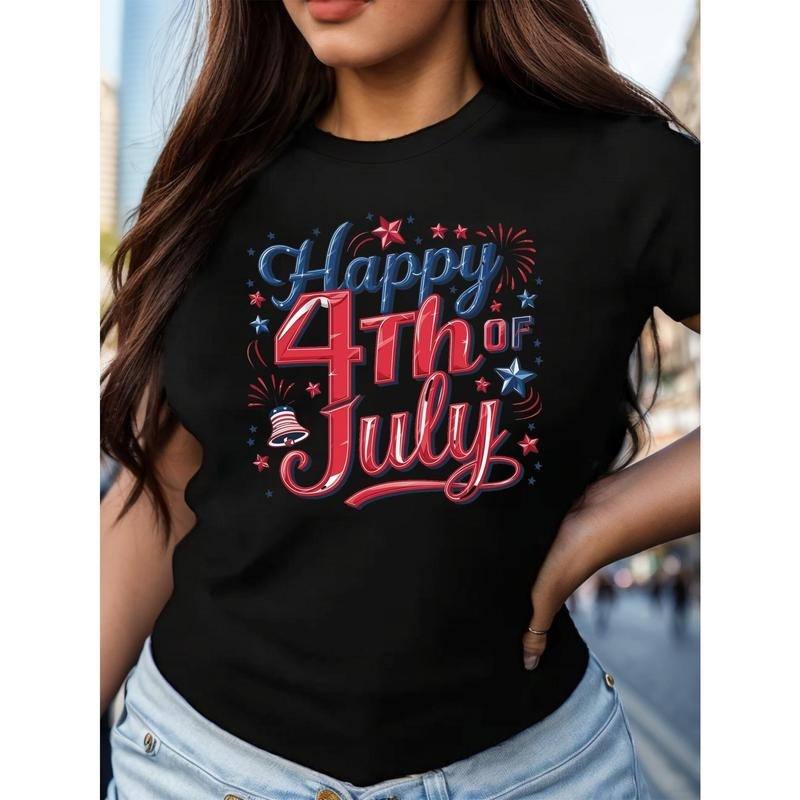 [Happy 4th FOG July T-shirt] 4th FOG July Casual T-shirt, Happy Print Crew Neck Short Sleeve Top | Women'WB shield...