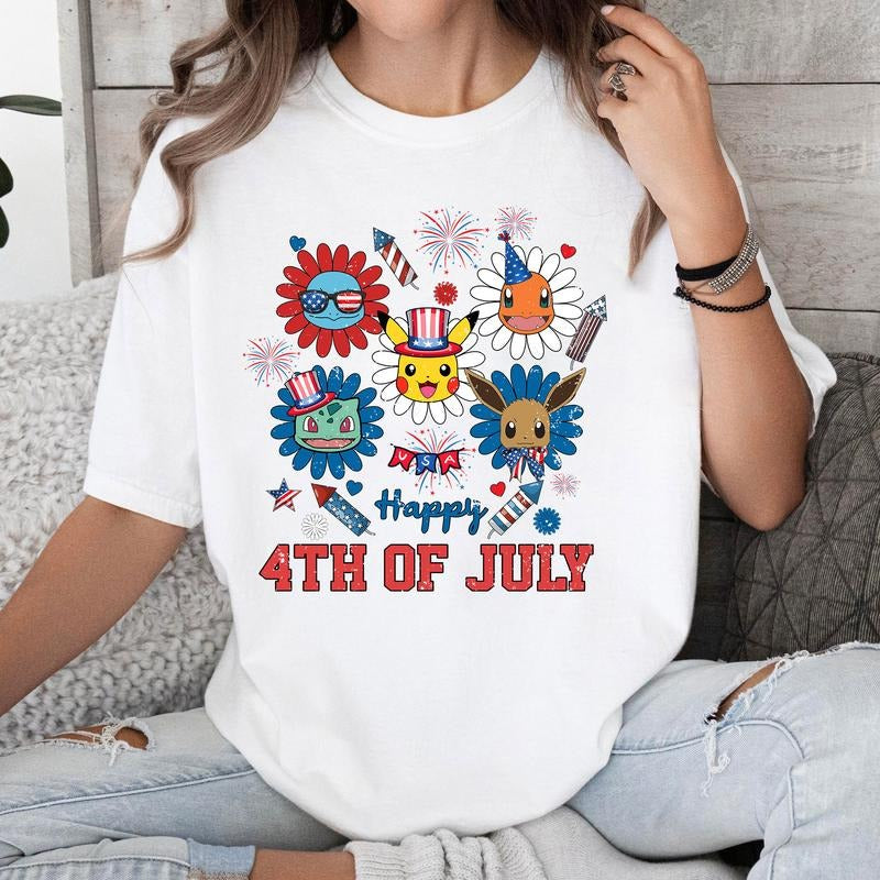 Happy 4th of July PKM Anime Firework Independent Day Tshirt Crewneck Hoodie Comfort Cotton Sweatshirt | DripVista.com