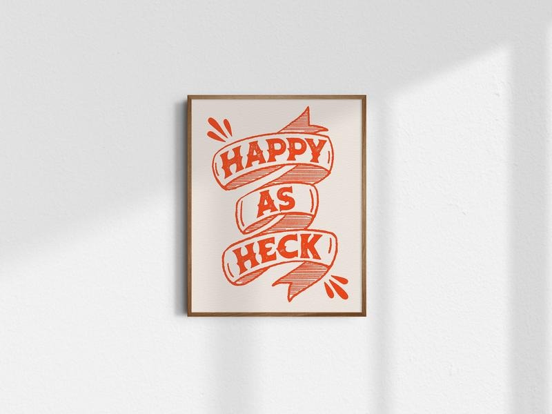Happy As Heck, GiclÉE Fine Art Print, Retro Wall Art, Vintage Wall Decor, Trendy Art Prints, Positive Poster, Poster...