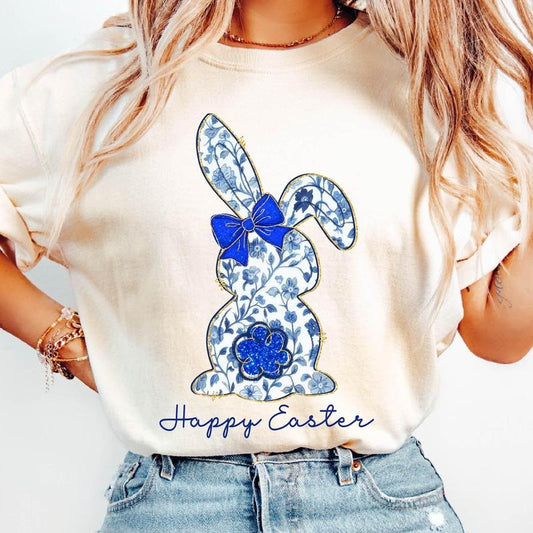 Happy Blue Easter Bunny T-Shirt, Happy Easter T-Shirt, Blue Floral Chinoiserie Bunny T-Shirt, Blue Toile Easter Rabbit T-Shirt, Girls, Easter Coquette T-Shirt