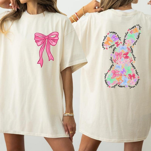 Happy Easter Day T-Shirt, Coquette Bow Shirt, Coquette Bow Bunny Shirt, Easter Day Two-Sided Shirt, Pink Bow Easter Shirt