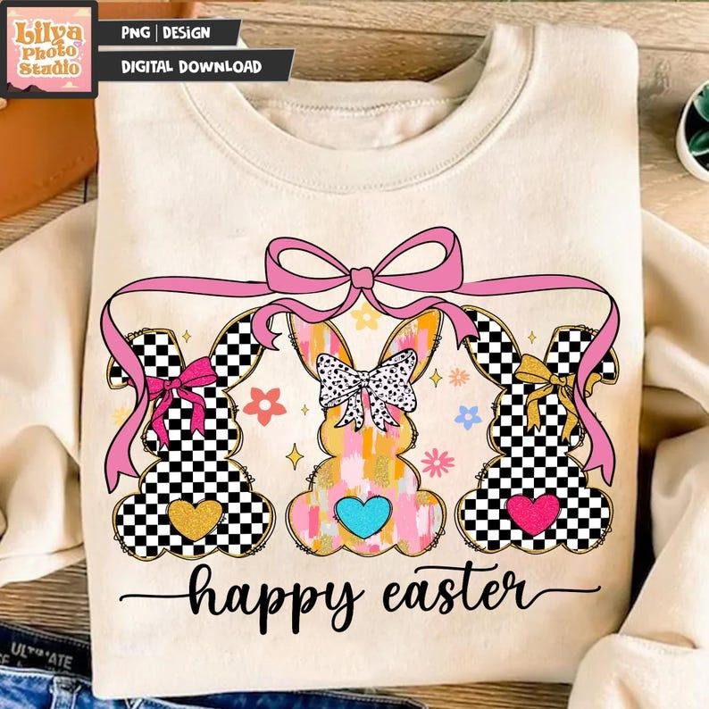 Happy Easter Sweatshirt Coquette Easter Bunny Retro Easter Easter Coquette Glitter Easter T-Shirts, Hoodie | DripVista.com