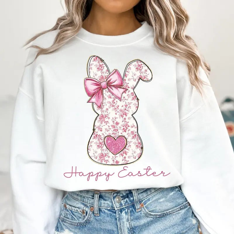 Happy Easter Tshirt Sweatshirt, Pink Floral Chinoiserie Bunny Shirt, Pink Toile Easter Rabbit, Easter Coquette, Unisex Sweater Pullover Tee