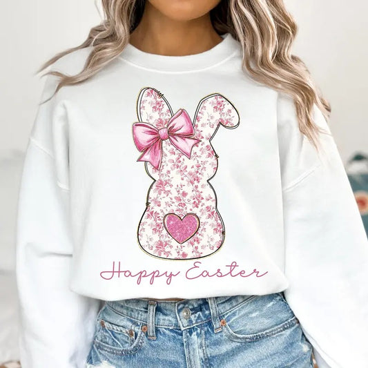 Happy Easter Tshirt Sweatshirt, Pink Floral Chinoiserie Bunny Shirt, Pink Toile Easter Rabbit, Easter Coquette, Unisex Sweater Pullover Tee