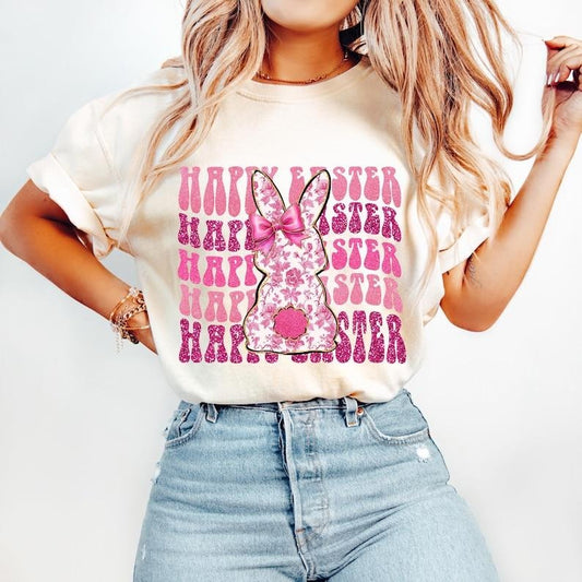 Happy Easter, Pink Floral Chinoiserie Coquette, Grand Millennial Easter, Pink Toile Bunny Tshirt